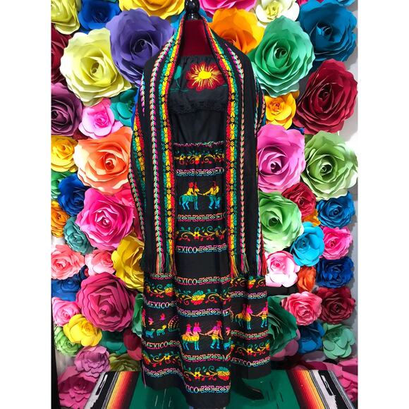 Mexican 3 piece set Blouse Cambaya skirt elastic waist and belt or mini rebozo - Picture 5 of 5